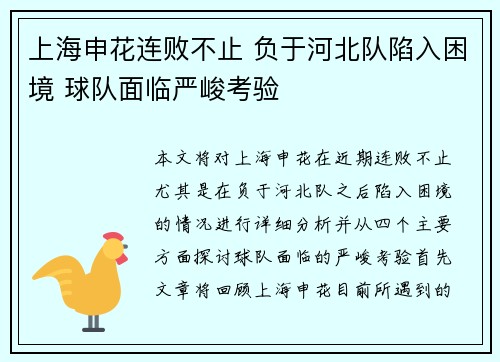 上海申花连败不止 负于河北队陷入困境 球队面临严峻考验