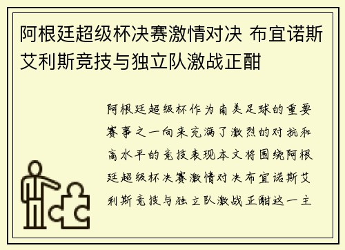 阿根廷超级杯决赛激情对决 布宜诺斯艾利斯竞技与独立队激战正酣