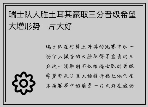 瑞士队大胜土耳其豪取三分晋级希望大增形势一片大好