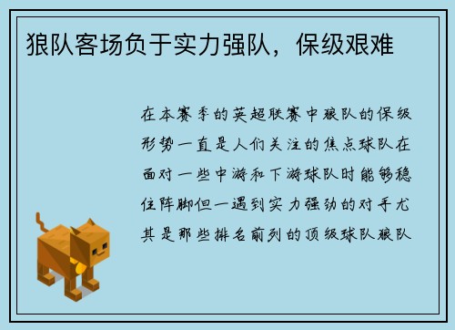 狼队客场负于实力强队，保级艰难