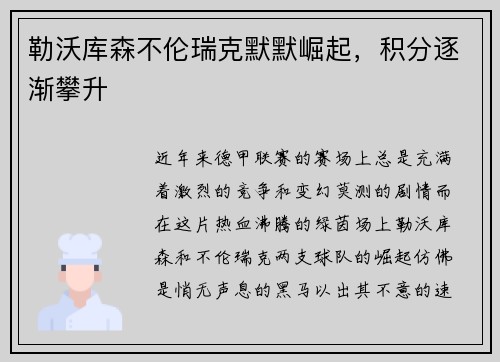 勒沃库森不伦瑞克默默崛起，积分逐渐攀升