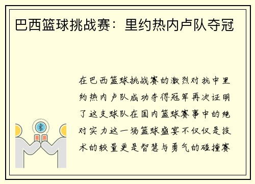 巴西篮球挑战赛：里约热内卢队夺冠
