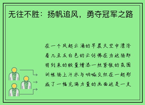无往不胜：扬帆追风，勇夺冠军之路