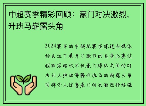 中超赛季精彩回顾：豪门对决激烈，升班马崭露头角