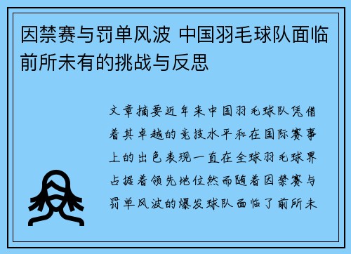 因禁赛与罚单风波 中国羽毛球队面临前所未有的挑战与反思