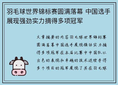 羽毛球世界锦标赛圆满落幕 中国选手展现强劲实力摘得多项冠军